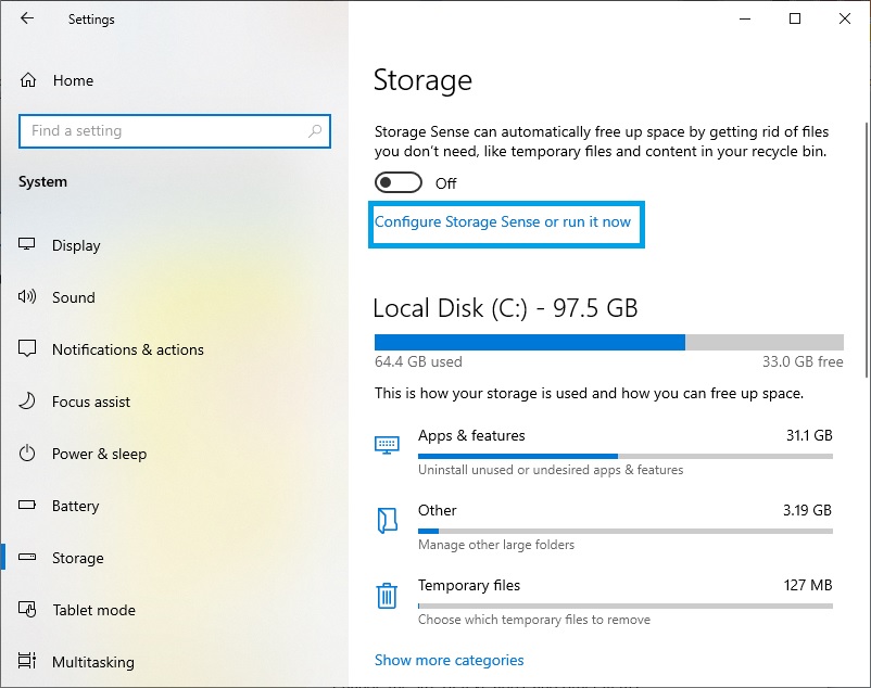 گزینه Configure Storage Sense or run it now